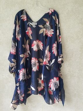 Catherines Navy and Coral Floral Tunic One Size Flowy  Beach